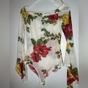 Sheer Floral Off-Shoulder Bodysuit in White with Red & Yellow Roses